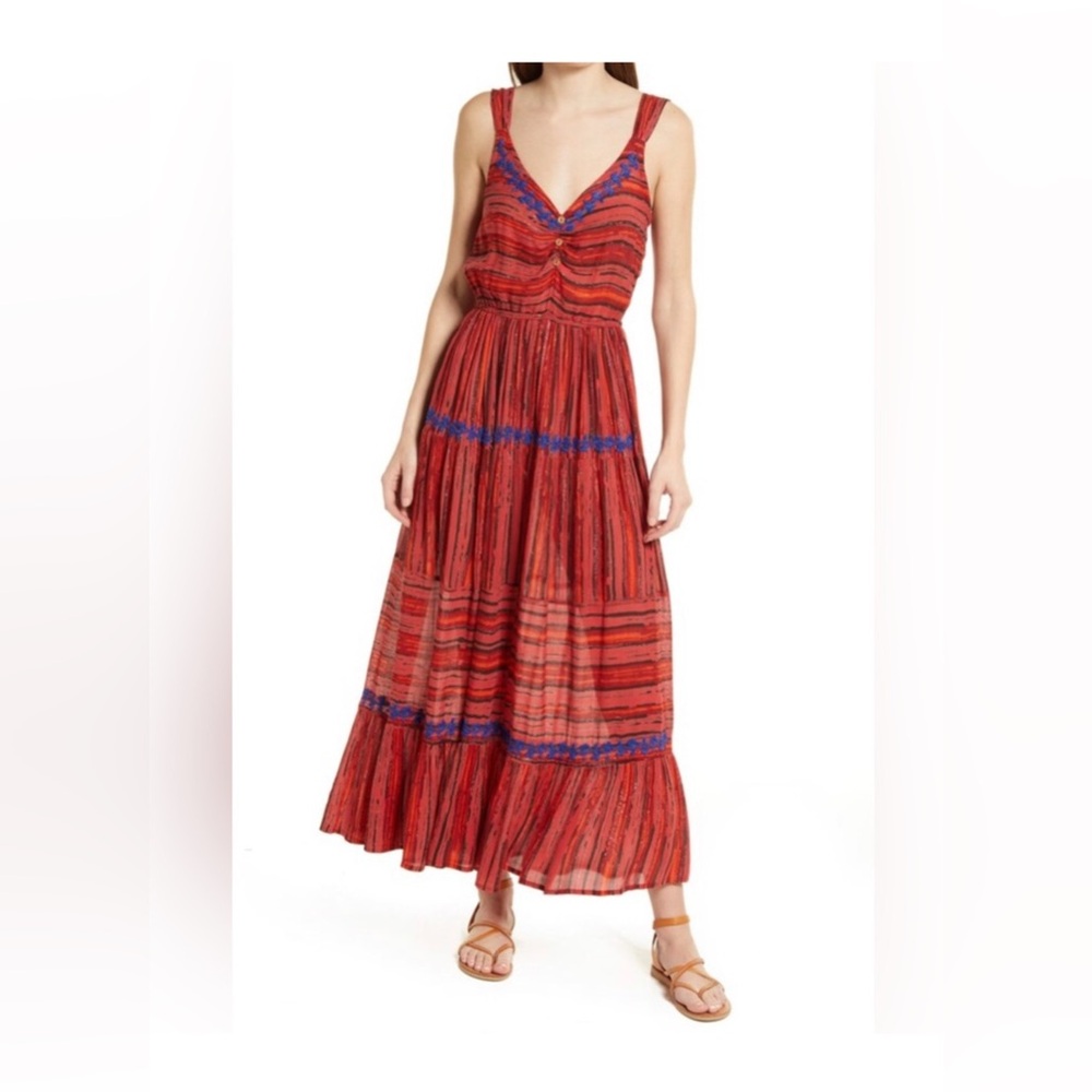 RAGA Josefina Tiered Metallic Maxi Dress Red & Blue Embroidered Boho Size M NWT